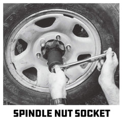 Powerbuilt socket next to 1/2 inch ratchet illustrating tool compatibility