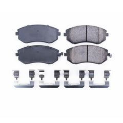 PowerStop Z17 close-up of pad surface showing slots and chamfers for quiet braking