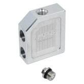 Pacific Performance Engineering front view of billet bypass valve showing ports and finish, improves coolant flow