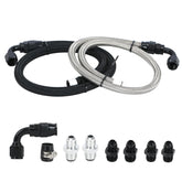 PQY front view of 6AN power steering hose kit showing components and label, clear fitment
