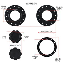 PQY cap with gasket and bolts beside ruler showing size and fitment