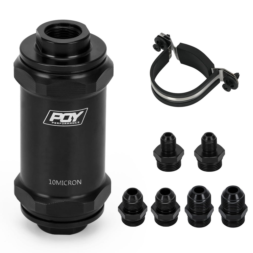 PQY front view of black inline fuel filter showing ports and finish, durable appearance