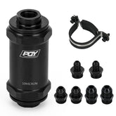 PQY front view of black inline fuel filter showing ports and finish, durable appearance