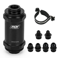 PQY front view of black inline fuel filter showing ports and finish, durable appearance