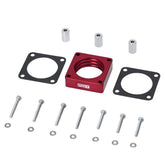PQY throttle body spacer front view showing red finish and bolt holes, clear fit benefits