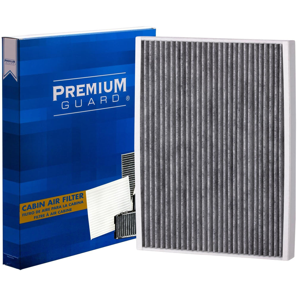 Premium Guard front view of cabin air filter showing overall shape and fit benefits