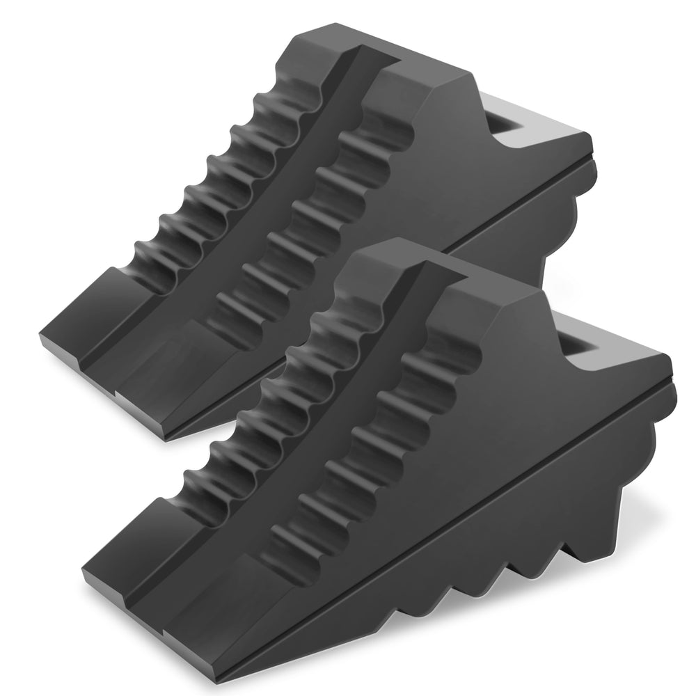 Prime 1 front view of two black rubber wheel chocks showing shape and size for secure parking