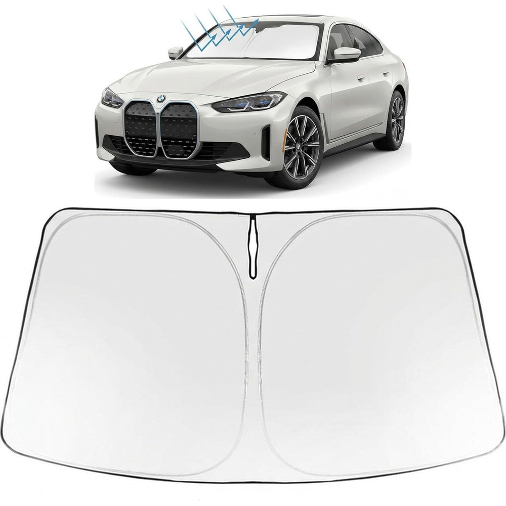 Proadsy front view of custom-fit BMW i4 shade showing full windshield coverage benefit