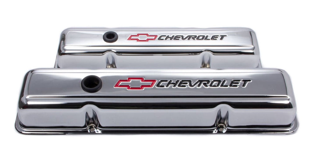 ProForm red chrome front view valve cover showing Chevy Bowtie logo and polished finish