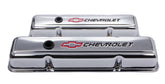 ProForm red chrome front view valve cover showing Chevy Bowtie logo and polished finish