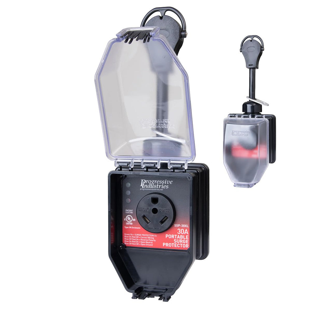 Progressive Industries SSP-30XL front view showing plug and handle for easy connection