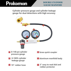 Prokomon close-up of pressure and leak-rate dials for accurate readings