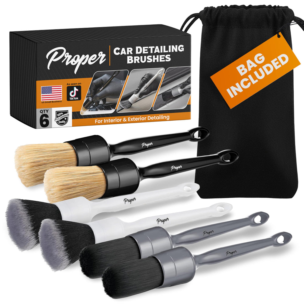 PROPER DETAILING CO. front packaging showing complete 6‑piece kit benefit: organized storage