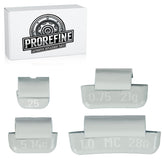 ProRefine front packaging of 120 clip-on wheel weights showing sizes and finish for quick identification