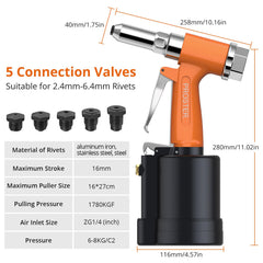 Proster rivet gun side profile highlighting compact aluminum housing and silencer benefit