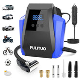 PULITUO front view of compact inflator showing controls and blue housing for easy storage