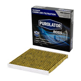 Purolator front view of cabin air filter showing pleated media and fit benefits