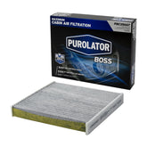 Purolator cabin filter front packaging showing fit and benefits