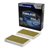 Purolator cabin filter front packaging showing model and benefits