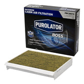 Purolator cabin filter front packaging showing brand and fitment benefits