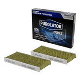Purolator cabin filter front view showing product and benefits