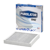 Purolator cabin air filter front packaging showing model and benefits for cleaner air