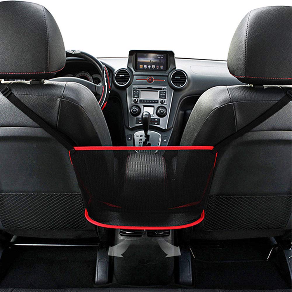 QBUC red front-mounted net pocket showing tidy console access and safer reach