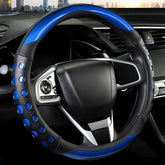 QCYP front view of blue steering wheel cover showing fit and color, enhancing interior style