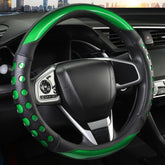 QCYP steering wheel cover front view showing green accent and sporty look, boosts cabin style