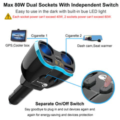 Qidoe dual lighter sockets top view enabling multiple 12V accessories