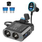 Qidoe front view showing dual cigarette lighter sockets and four USB ports, fast reliable power