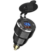 Qidoe front view Hella/DIN charger showing ports and plug for easy motorcycle power