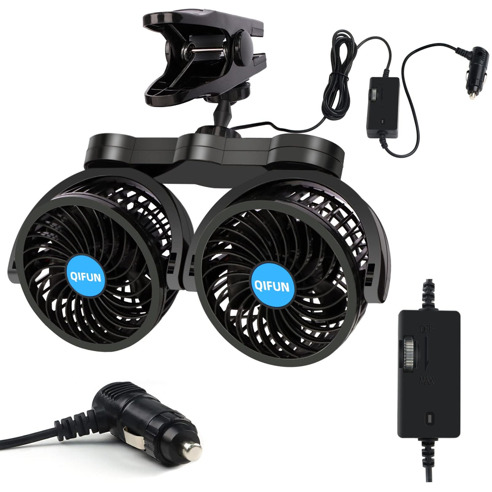 QIFUN dual-head fan front view showing compact cooling and adjustable heads