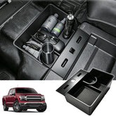 Qlhshop front view of jump seat storage box showing integrated cup holder and tray benefit