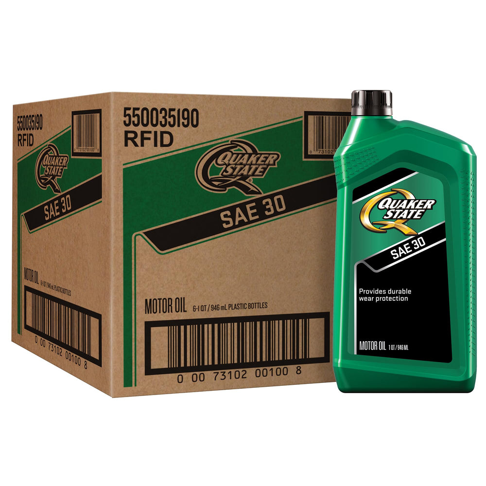 Quaker State front packaging showing six one-quart bottles and clear labeling