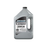 Quicksilver 25W-40 gallon front label showing product identity and benefits