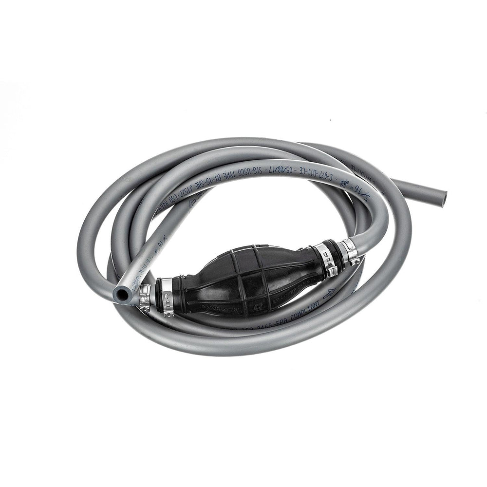Quicksilver front view of 9ft fuel line assembly showing product and primer bulb benefits