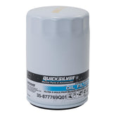 Quicksilver front view of 877769Q01 filter showing label and fitment benefit