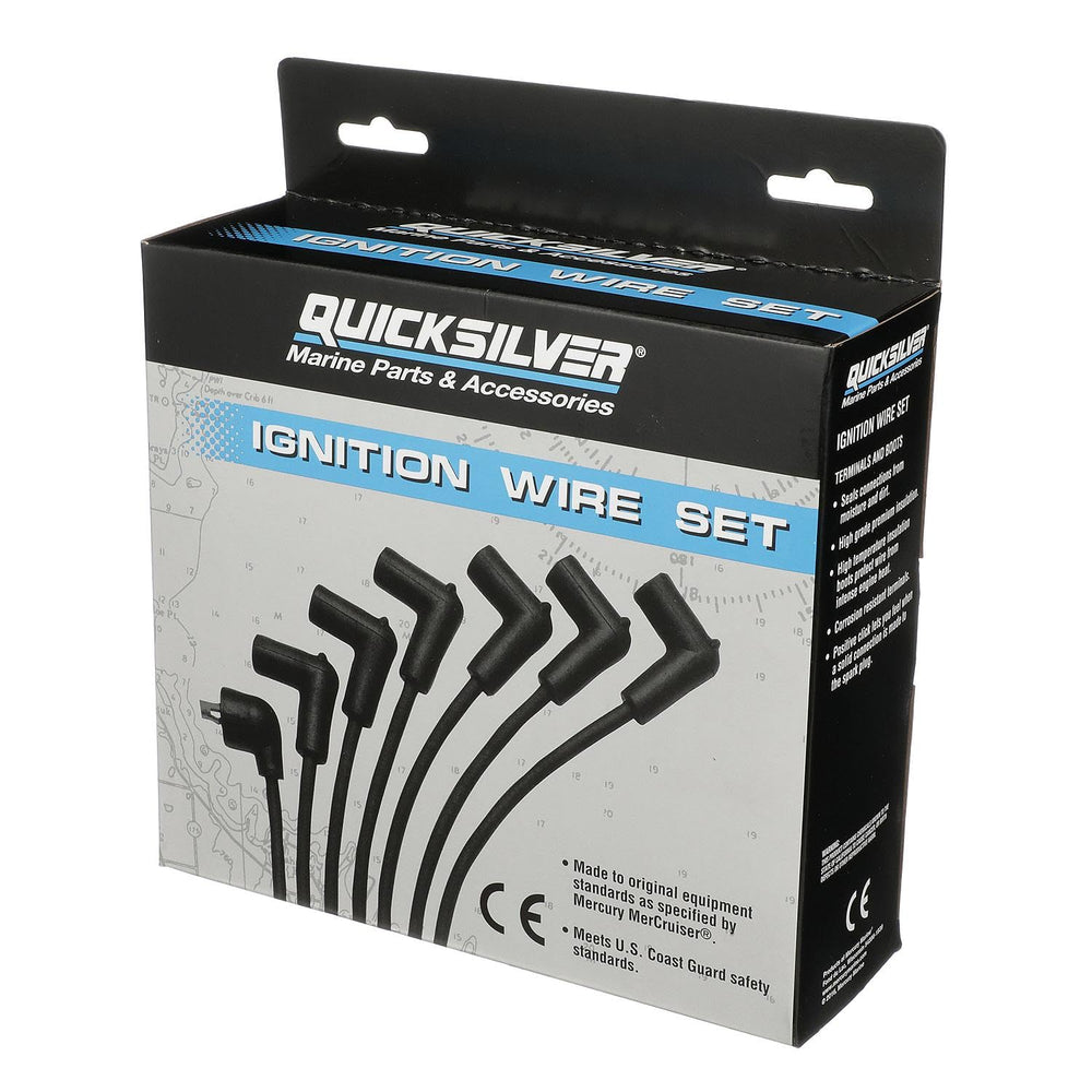 Quicksilver spark plug wire kit front packaging showing complete set and fit benefit