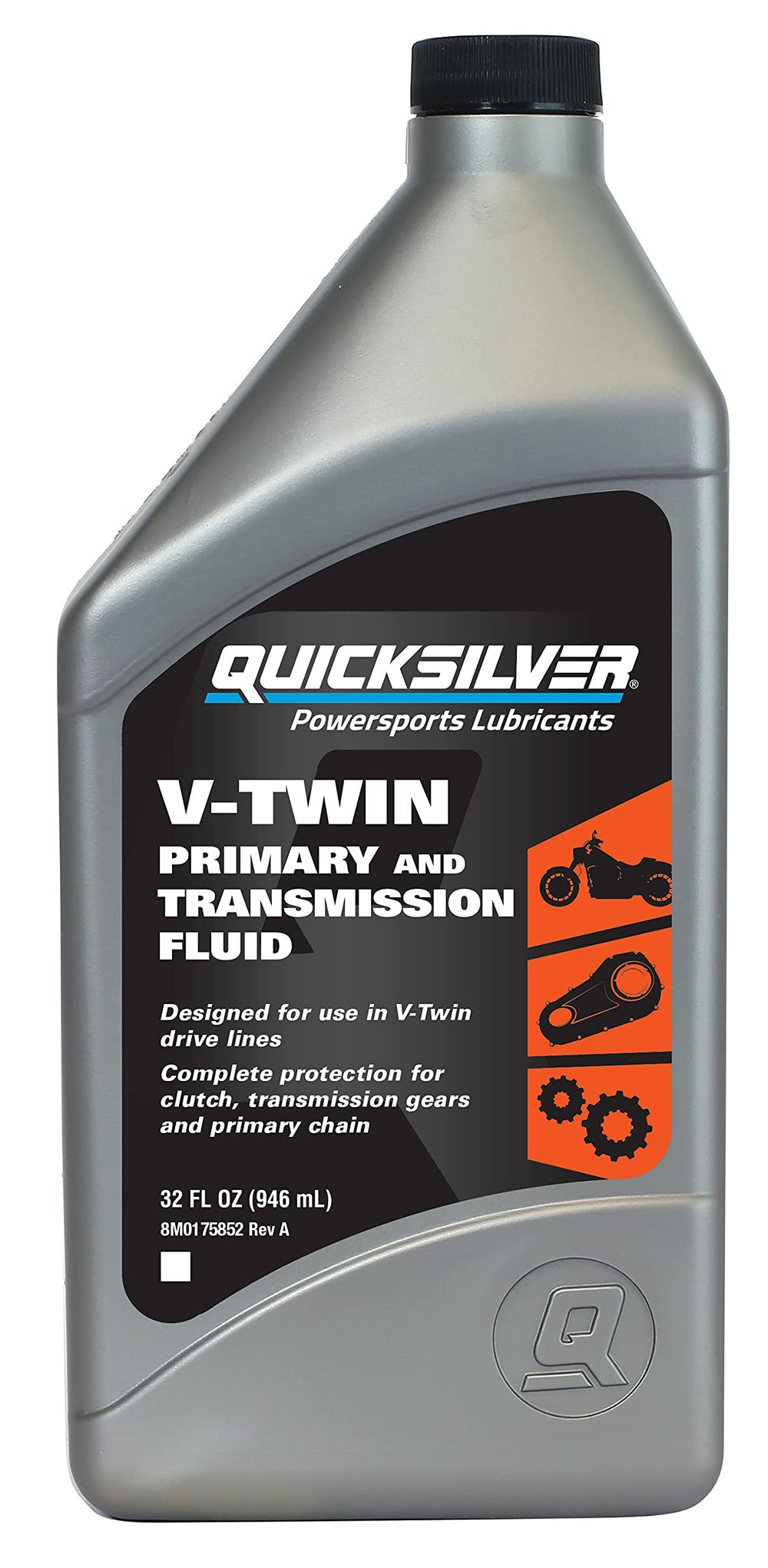 Quicksilver 8M0175742 front label showing product name and 1-quart bottle, clear benefits