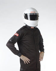 RaceQuip brass zipper and high collar showing durability benefit