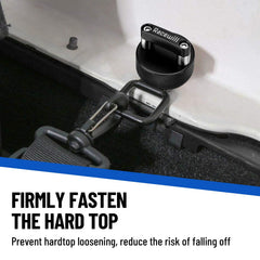 Racewill installed on Jeep rear hard top illustrating secure attachment and tidy appearance benefit