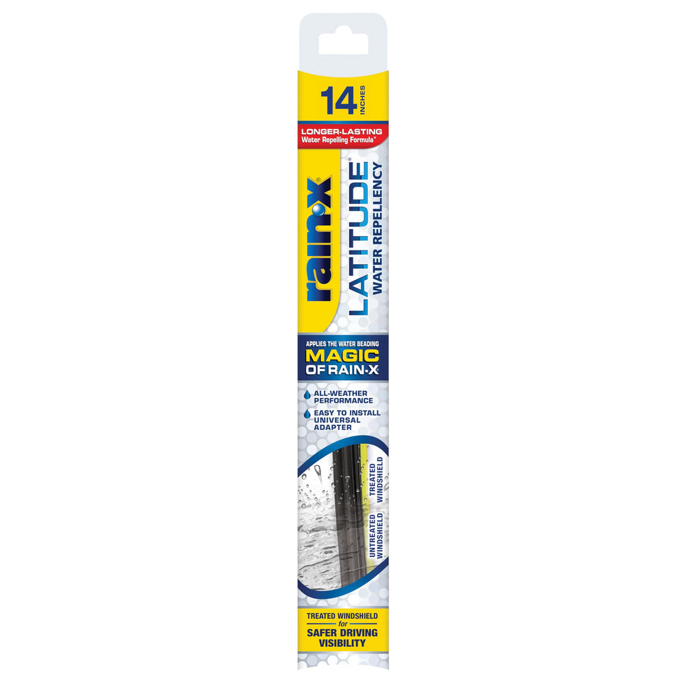 Rain-X front packaging showing 14 inch blade and features for improved visibility