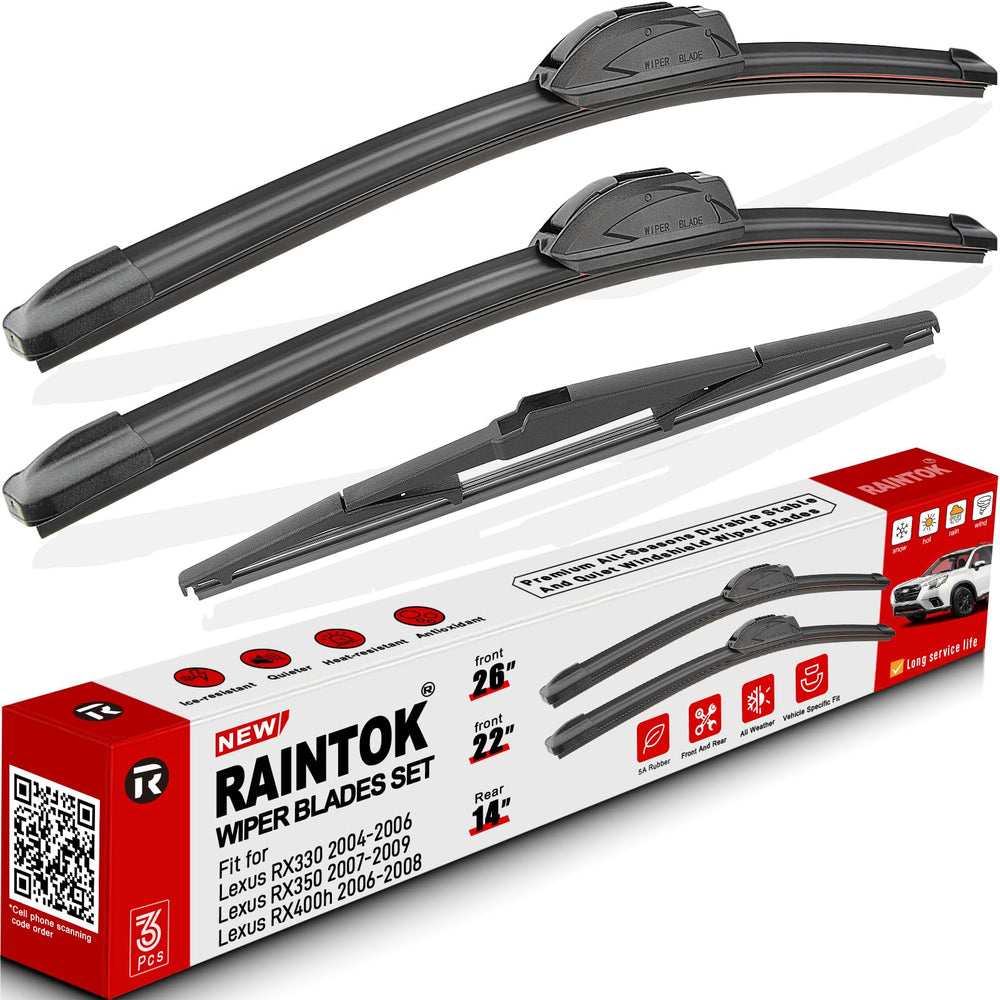 Raintok front blades packaging showing included 26, 22, 14 inch set and benefit of correct fit