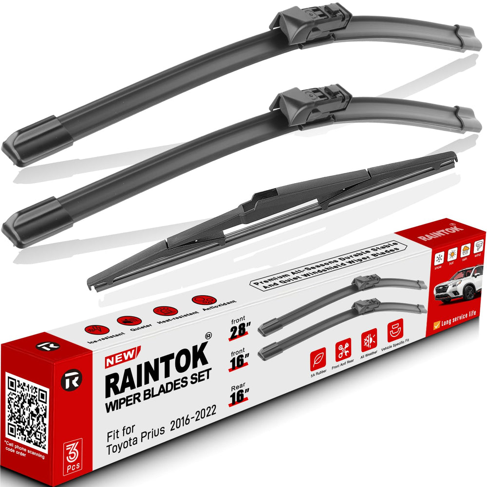 Raintok front-packaging for Prius wiper set showing included blades and benefits