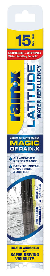 Rain‑X front packaging showing 15" blade and benefits for clearer visibility