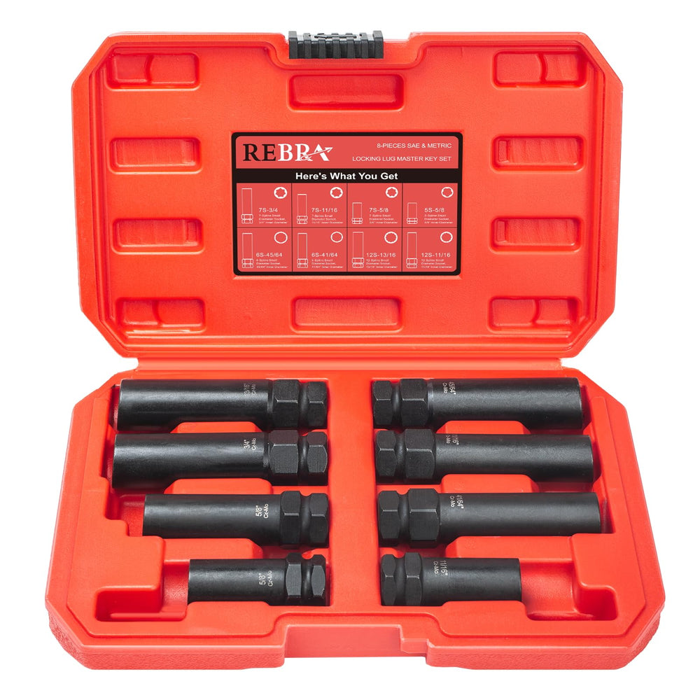 REBRA front view of full 8-piece spline key set showing organized keys and case benefits