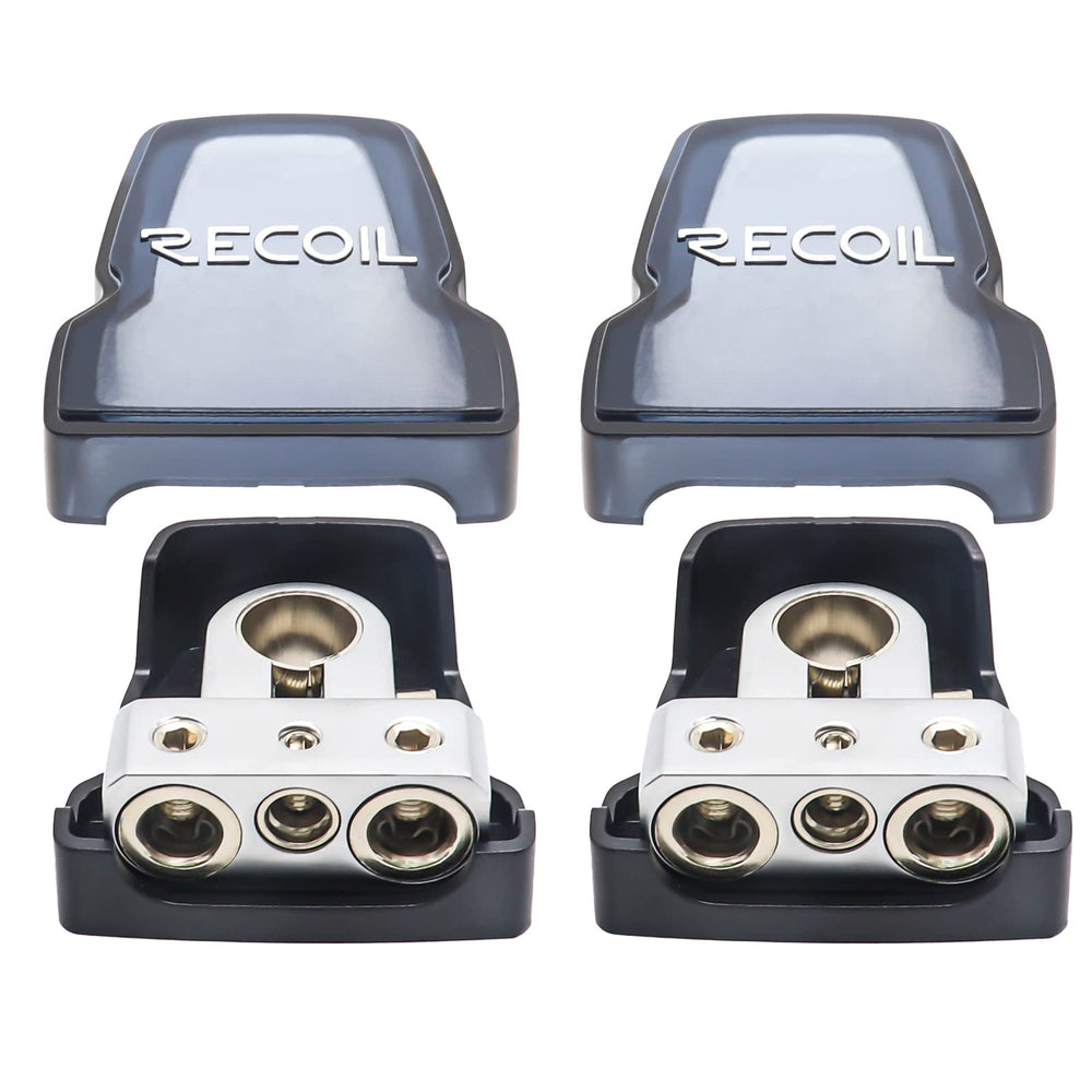 RECOIL front view showing two brass terminal clamps and adapter collars, durable connection benefit