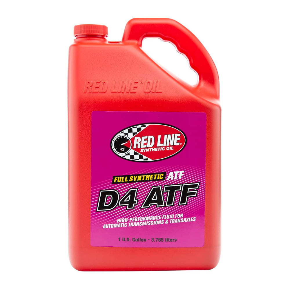 Red Line 30505 D4 synthetic ATF one-gallon front view showing clear branding and container benefits