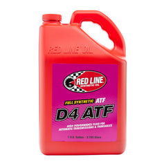 Red Line 30505 D4 synthetic ATF one-gallon front view showing clear branding and container benefits